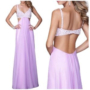 LA FEMME Ice Purple Faux Pearl Chiffon Cutout Gown NEW Size 4 Dress